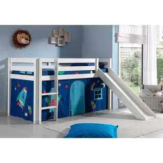 Vipack Hochbett »Pino, Spielbett massiv Kiefer, stabil gebaut, 3 Korpusfarben zur Wahl« inkl. Rolllattenrost, Leiter und Absturzschutz, mit oder ohne Rutsche, Textil-Set "Astronaut", inkl. Vorhang, mit oder ohne Tunnel, weiß