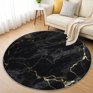 AevuCub Schwarz Gold Marmor Teppich Rund 90 cm Kurzflor - Waschbare Teppiche Wohnzimmer Modern Abstrakt - Runder Teppich 90 Durchmesser Kinderzimmer - Bettvorleger Schlafzimmer rutschfest Weich