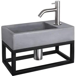 Differnz Force Waschbecken mit Handtuchhalter - Waschtisch Dunkelgrau Beton - Gebogene Armatur Matt Chrom - Komplettset - 40 x 22 x 8 cm
