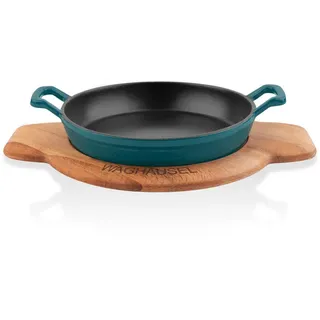Sallys Gusseisen - Servierpfanne rund Ø 20 cm - mit Echtholzuntersetzer - Petrol