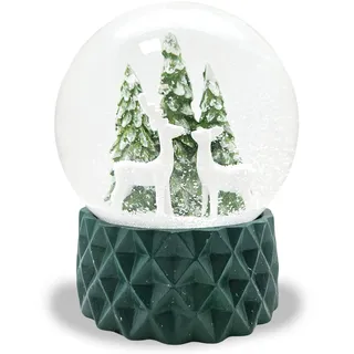 Schneekugel Weihnachten | 2 Rehe vor Tannenbaum | Sockel kubisch grün | Schüttelkugel Weihnachtsdekoration | H: 12 cm B: 10 cm | 20302