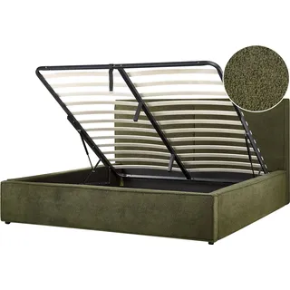 BELIANI Polsterbett Dunkelgrün Bouclé-Stoffbezug mit Hohem Kopfteil Lattenrost 180 x 200 cm Bettkasten Hochklappbar Modern Skandi Schalfzimmer Möbel - Grün, Schwarz