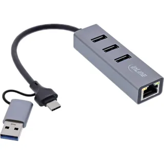 InLine 4in1 USB auf Ethernet Adapter, USB-C auf RJ45 Gigabit LAN Netzwerkadapter, mit 3 USB-A Ports (3.2 Gen.1), für MacBook, Windows, Linux, 33380S