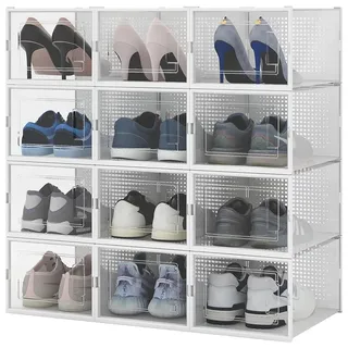 BAKAJI 12 stapelbare Schuhboxen aus Kunststoff mit Kopeken, einfache Montage, platzsparend, transparent, Aufbewahrungsboxen (Set mit 12 Stück, 35 x 25 x 9 cm)
