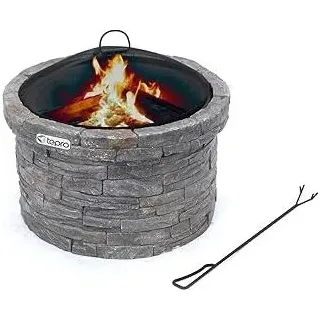 tepro Feuerstelle Gladstone Ø 67,5 cm – Outdoor Feuerstelle in eleganter Steinoptik mit Funkenschutz, Feuerrost & Schürhaken – dekorative Garten-Feuerschale mit feuerfester Stahlwanne