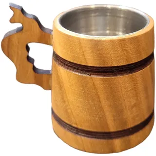 Wooden World - Premium Holz Schnapsglas mit Metalleinsatz - Hellbraun mit Grif