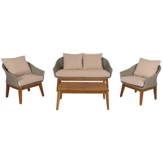Mendler Gartengarnitur HWC-N37, Garten-/Lounge-Set Sofa Sitzgruppe, Poly-Rattan Holz Akazie grau, Kissen beige