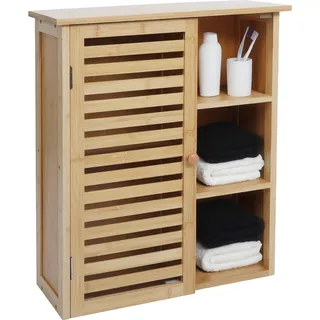 Hängeschrank HWC-O73, Badschrank Badezimmerschrank, Türe Staufächer Bambus 60x50x19cm - Braun