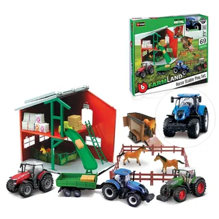 BBURAGO 69-TLG FARMLAND 1x Fendt 1050 Vario Traktor, grün, inkl. Pferdestall & Pferde - Bauernhof Modelltraktor Spielzeugtraktor mit Schwungrad-Antrieb, Spielzeugtraktor für Kinder ab 3+ (18-31682)