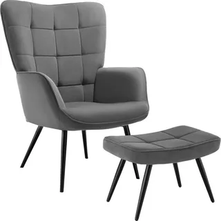 Tectake Ohrensessel Hygge gepolstert 72 x 100,5 x 76 cm anthrazit/schwarz mit Hocker