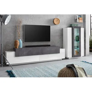 INOSIGN Wohnwand INOSIGN "Coro, Anbauwand, Medienwand", weiß (weiß hochglanz, schiefer), Glas, Holzwerkstoff, Kastenmöbel-Sets, Wohnwand, Lowboard 4 Fächern Breite 200 und Vitrine 3 Türen Breite 80