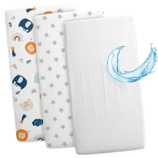 Spannbettlaken Kinderwagen Baby Spannbetttücher 3er Set: 55x90 cm - 2X Bettlaken + 1x wasserdichter Matratzenschoner - Babybett Zubehör für Kinderbett Beistellbett Stubenwagen 55 x 90