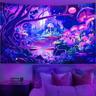 Cyiecw Schwarzlicht Wandteppich Aesthetic,UV Reaktive Pilz Deko Tapestry,Fluoreszierend Pflanzen Sternenhimmel Psychedelische Wald Wandtuch,Wandbehang Schlafzimmer Wohnzimmer Dekoration(200 * 150cm)