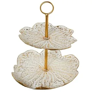 Obstschale mit 2 Etagen in unregelmäßigen Formen aus Metall, Weiß und Gold, 47,5 x 45 x 42,5 cm