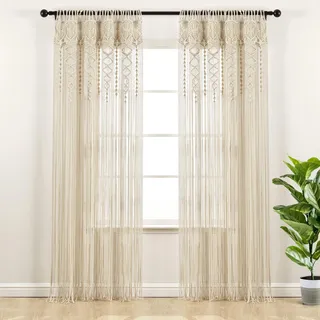 Lush Decor, strukturierter Makramee-Fenster- und Türvorhang, Raumteiler, Hochzeits- oder Wanddekor aus Baumwolle im Boho-Stil, Einzel-Paneel, 101,6 cm B x 241,3 cm L, Neutral