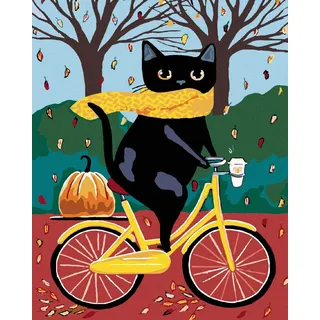 ZUTY 551231, Malen nach Zahlen-Schwarze Katze UND GELBES Fahrrad 40x50 cm mit Keilrahmen (bereits gespannt), Framed