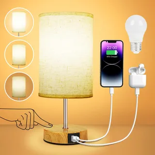 Suright Nachttischlampe Touch Dimmbar mit Ladefunktion USB A+C-Anschlüssen, Leinen-Lampenschirm, Holzsockel, Kleine Tischlampe für Schlafzimmer Wohnzimmer (LED-Birne Inklusive)