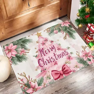GDJSMIN Weihnachtsbaum-Muster mit rosa Schleife Fußmatte Innen 60 x 90 cm,Papierkunststil Fußmatte Waschbar, Kleine Teppiche Orientalisch rutschfest für Haustür,Flur,Küche, Rosa