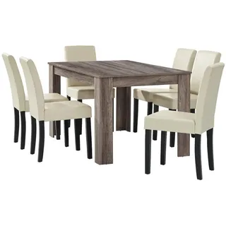 [en.casa] Esstisch Eiche antik mit 6 Stühlen creme Kunstleder gepolstert 140x90 Essgruppe Esszimmer,