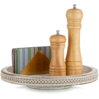 Hanobe Drehteller Holz Lazy Susan: Drehplatte Holztablett Rund Weiß Gewaschen Drehtablett mit Perlen Rand 30cm Vintage Weiss Dekotablett für Küche Organizer Home Deko
