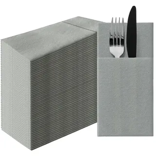 PAW - Besteckservietten aus Airlaid - Stoffähnlich (39 x 40 cm 1/8 falz) | 50 Stück | HoReCa | Ideal für Hochzeit, Taufe, Kommunion, Geburtstag | Serviettentaschen für Besteck | Grau