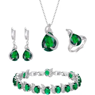 EVER FAITH 4 Stück Tropfen Cubic Zirconia Schmuck Set Glamour Anhänger Halskette Ohrringe Tennis Armband und Offener Ring für Damen Hochzeit Party Grün Silber-Ton