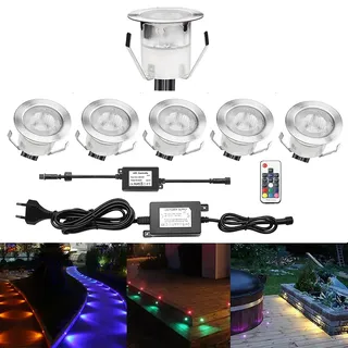 LED Einbaustrahler, 6er Set LED Bodeneinbauleuchte Ø30mm 0.3W Treppen DC 12V Treppenbeleuchtung IP67 Wasserdicht Außen Lampe RGB Veränderbare Lichter für Garden Küche Decke Poolbeleuchtung Holzdeck