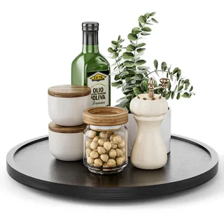 LAMU Akazienholz Drehteller für Küche, Lazy Susan aus Holz für Schrank, Arbeitsplatte und Vorratsschrank-Organisation, Schwarz 25.4cm