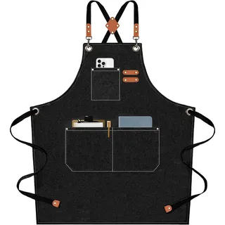 AFUN Kochschürze, Baumwollleinen, Kreuzrückenschürze mit verstellbaren Trägern und großen Taschen, Größe M bis XXL (schwarz)