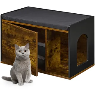 Relaxdays Katzenkloschrank mit Sitzauflage, Katzenhaus & Sitzbank, HBT: 45,5 x 75 x 43 cm, für Katzenklo, braun/schwarz