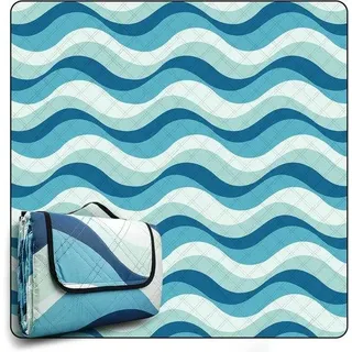 Unyqoos® Picknickdecke XXL 200 x 200 cm – wasserdicht, sandfrei, isoliert – hellblaues Wellenmuster, Pongé/Baumwolle/PEVA, kompakt faltbar für Camping & Strand - Blau
