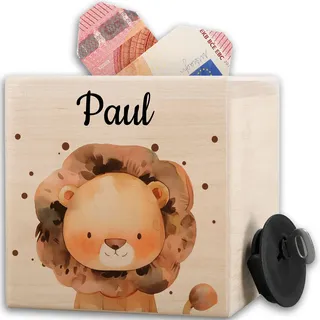 Shirtracer Spardose Holz personalisiert Aquarell Löwe mit Name | Holz, 10x10cm, König der Tiere, Savanne, Taschengeld, Sparbox, Geldgeschenk, Deko, Wunscherfüller, sinnvolle Geschenke
