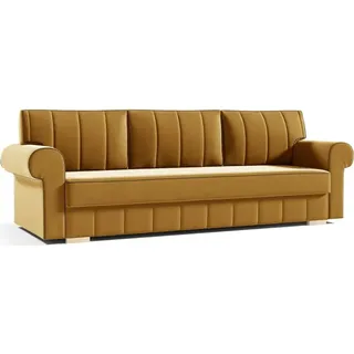 Schlafsofa INES Sofa mit Schlaffunktion und Bettkasten, Klappsofa, Schlafcouch mit Füßen aus Holz, Couch in Frabe: Gelb, Veloursstoff - Gelb