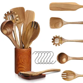 Holz Kochbesteck-Set, Kochlöffel Holz Set aus Teakholz, Holzlöffel zum Kochen mit Pizzaschaufel, Salatgabel, Suppenkelle, Pfannenwender, Pastalöffel, Ablage, Behälter und Haken