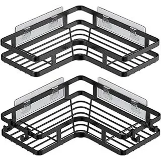 akhan Duschablage Ohne Bohren Schwarz Eckregal, Duschregal 2er-Pack, Badregal Ohne Bohren, Shower Shelf Mit 4 Haken, Shampoo Halterung für Dusche, Dusche Halterung für Badezimmer, Küche.