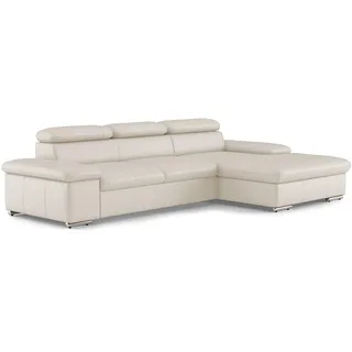 CAVADORE Leder-Schlafsofa Valerie mit XL-Longchair / Eckcouch mit Schlaffunktion, Kopfteilverstellung + großem Longchair / 286 x 73 x 174 / Echtleder Weiß