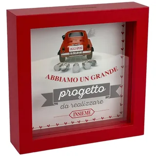 Dekorative Spardose aus Holz, Design Auto Heute Brautpaar, roter Rahmen, 16 x 16 cm, Geschenk für Hochzeit