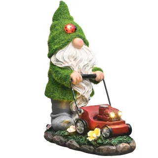 TERESA'S COLLECTIONS Gartendeko für Draußen mit Solarbeleuchtung 22cm Wasserfest Gartenzwerg Figuren mit Rasenmäher aus Kunstharz Gartenzwerge für Außen Hof Rasen Balkon