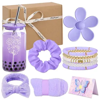 Kococaty Geschenke für Mädchen Teenager 8 9 10 11 12 13 14 15, Geschenkset zum Schulanfang mit Trinkglas, Strohhalm und Deckel, Haargummi-Schlüsselanhänger, 5-in-1-Armband, Weihnachtsgeschenke