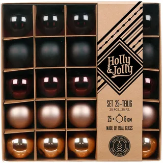 Holly & Jolly - Weihnachtskugeln Elegant Lounge Flow, 25 Stück | Christbaumkugeln aus Glas, ca. 6 cm, Weihnachtsbaumschmuck in Braun und Beige, transparent, matt & glänzend, Weihnachtsdeko