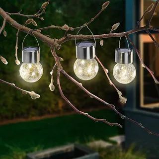 esotec Solar Hängeleuchten 3er-Set Crackle Balls warmweiß wetterfest IP44 102309 - Silber
