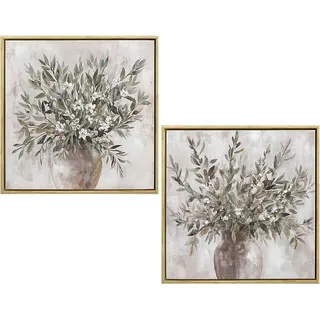 DRW Holzbild mit Blumen und handbemaltem Rahmen in Weiß und Grün, 40 x 3,5 x 40 cm