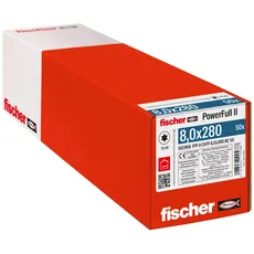 fischer PowerFull II 8,0 x 280, Premium Vollgewindeschraube (50 Stk.) mit innovativer Spitzengeometrie, Stahlschraube für tragende Holzkonstruktionen mit Zylinderkopf, vermindert Spaltrisiko