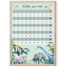 MeinBaby123® DIN A4 Zahlen 1-100 Kinderzimmer Poster | Zahlen von 1-100 Poster Lehrposter für Kinder | Lernposter Mathematik Grundschule | Zahlen lernen | Klassenzimmer Deko | (Dino A4)