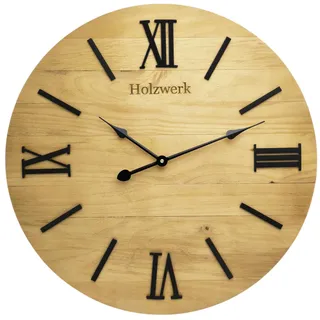 Holzwerk Große 60 cm XL Retro Natur Wanduhr Rustikal Vintage lautloses Uhrwerk ohne Tickgeräusche industrielle Landhaus Braun lautlos Massivholz Natur Holz-Uhr Römische Ziffern (Vintage.Braun 60cm)
