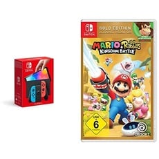 Nintendo Switch (OLED-Modell) Neon-Rot/Neon-Blau + Mario & Rabbids Kingdom Battle - Gold Edition Switch