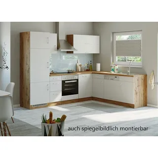 Winkel Eck Küche Sorrento in weiß 270 x 210 cm mit Herd Glaskeramik Kochfeld Geschirrspüler Kühlschrank Dunsthaube und Spüle - Weiß