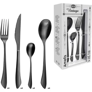 Amefa INSTINCT Besteck Set 4 Personen | 16-teilig | PVD Besteck Schwarz matt im Vintage Style | Besteckset 4 Personen Edelstahl 18/0 matt | je 4x Tischgabel, Tafelmesser, Tischlöffel & Teelöffel