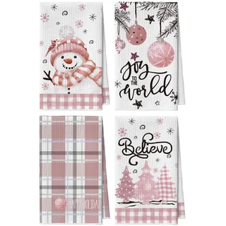 Artoid Mode Rosa BüffelKaro Schneemann Baum Weihnachtskugel Weihnachten Küchentücher Geschirrtücher, 42x65 cm Mikrofaser Saugfähig Küchen Deko 4er Set