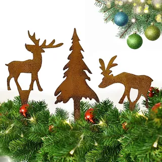 HXUING Gartenstecker Elch und Tanne 3er Set, Gartenstecker Rentier Roststecker aus Edelrost Metall Rost Gartenstecker Weihnachtlicher Stimmungsvoller Deko Stecker, Rost Deko Herbstdeko Outdoor(C)